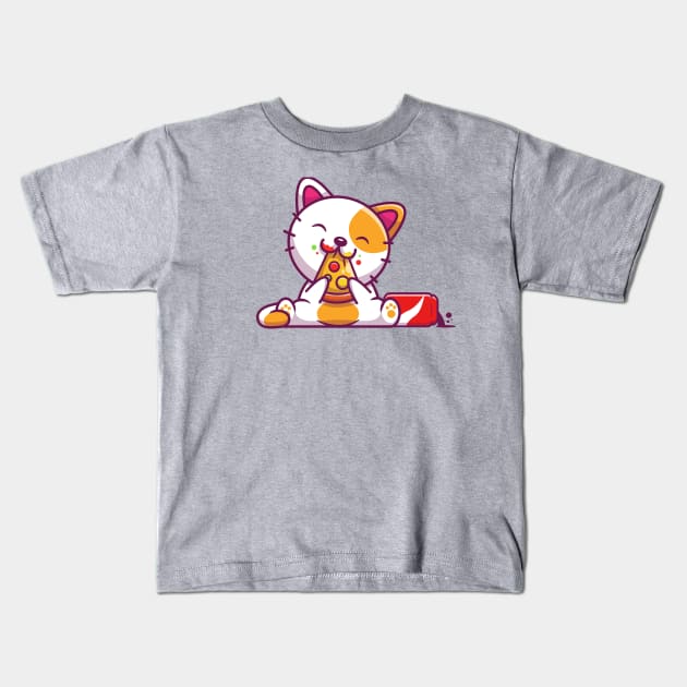 Cute Cat Eating Pizza And Cola Cartoon Kids T-Shirt by Catalyst Labs